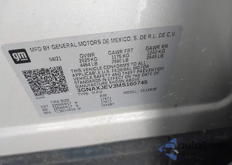 2021 Chevrolet Equinox Fwd 2Fl z USA, uszkodzony, nr VIN 3GNAXJEV3MS160745